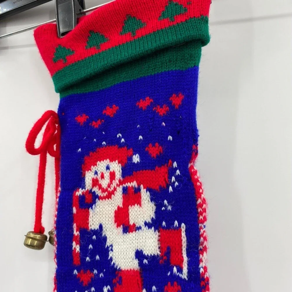 Christmas Stocking‎ Snowman Knit Red Green Blue Bells Hanging Holiday Decor VTG